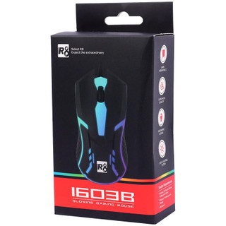 ماوس سیمی R8 مدل 1603B، نورپردازی RGB، دقت ۱۶۰۰DPI، طراحی ارگونومیک، ۳ کلید، مناسب گیمینگ سبک و اداری